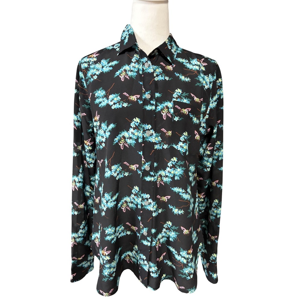 J Crew Womens Button Up Shirt Medium Black Floral Silk Bee‎ Print Long Sleeve